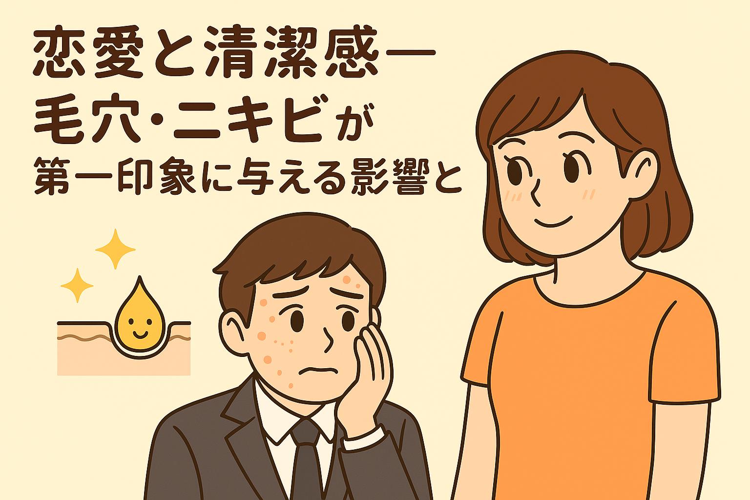 毛穴やニキビを気にして頬を触る男性と、それを見て優しく微笑む女性を描いたイラスト。背景には「恋愛と清潔感──毛穴・ニキビが第一印象に与える影響とは？」という日本語タイトル。第一印象と清潔感の関連性を表現した記事用アイキャッチ。