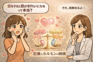 「恋をすると肌がきれいになる」という説をテーマにしたイラスト。恋愛効果に驚く女性と、白衣で眼鏡の女性が穏やかに説明する構図で、中央にはハートと天秤のモチーフ、オキシトシン・エストロゲン・ドーパミンといったホルモンが描かれている。恋愛とホルモン分泌の関係が肌状態に影響する可能性を示唆するアイキャッチ。