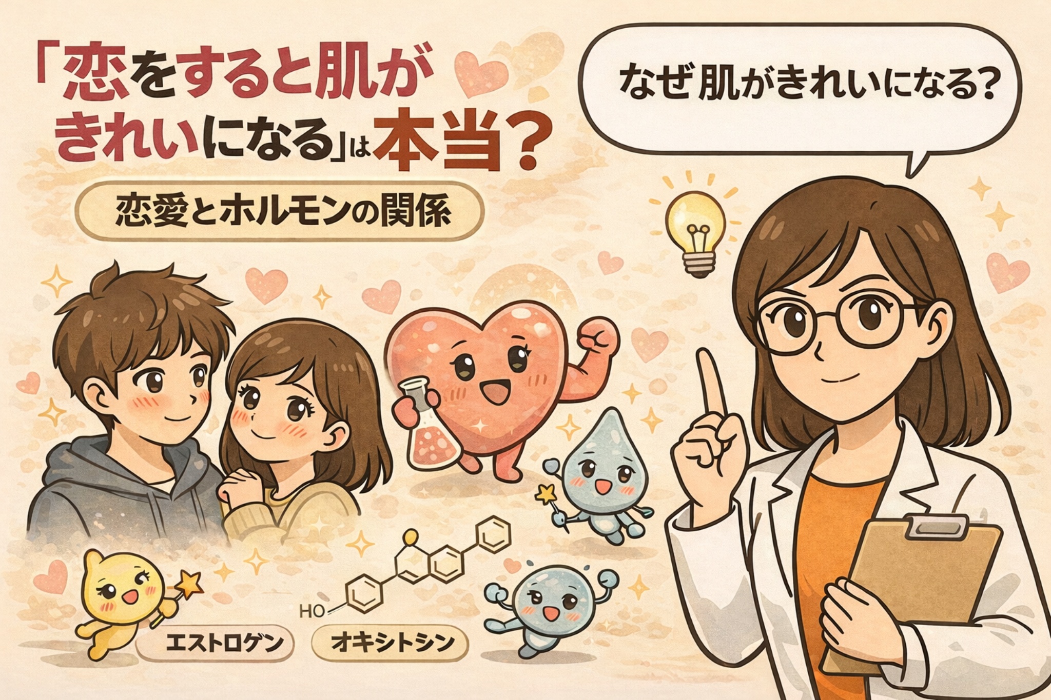 「恋をすると肌がきれいになる」は本当かを解説するイラスト。カップルの恋愛シーンと、エストロゲンやオキシトシンなどのホルモンを擬人化したキャラクター、白衣を着た女性研究者が指を立てて説明する構図で、恋愛とホルモン分泌が肌状態に与える影響をわかりやすく表現している美容・皮膚科学解説画像。