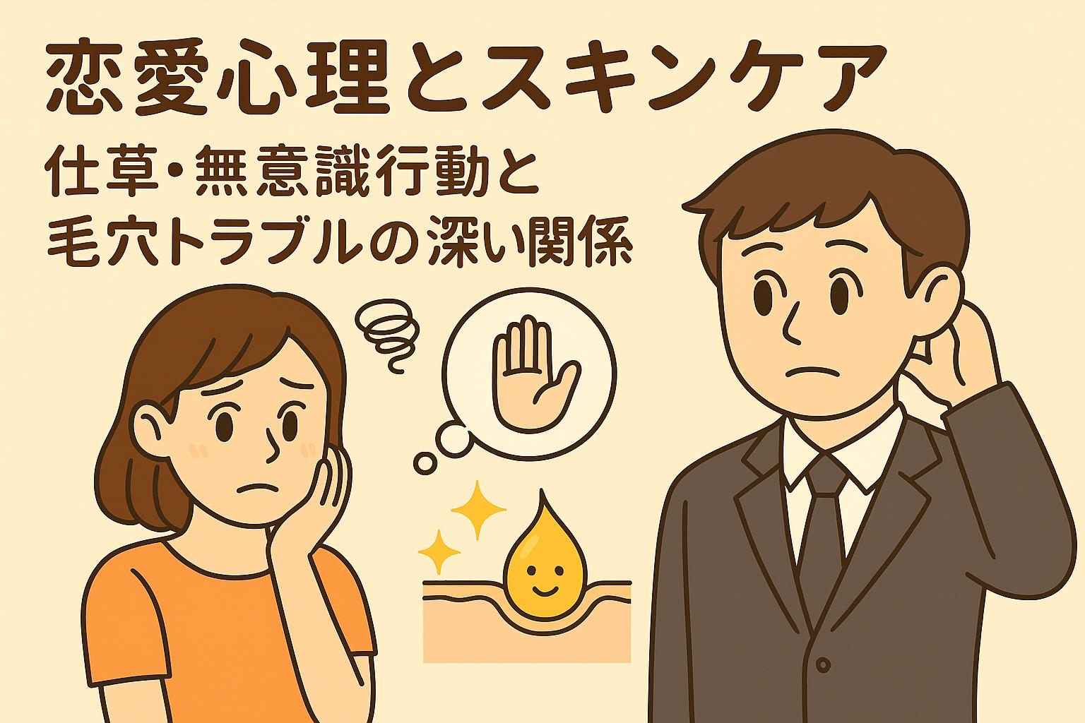 恋愛心理とスキンケアをテーマにしたイラスト。女性が無意識に頬を触って悩む姿と、男性が頭をかきながら考える様子。中央に毛穴キャラと「手のひらを上げて止める」アイコンが描かれ、仕草と毛穴トラブルの関係を象徴。「恋愛心理とスキンケア──仕草・無意識行動と毛穴トラブルの深い関係」という日本語タイトル入りのアイキャッチ。