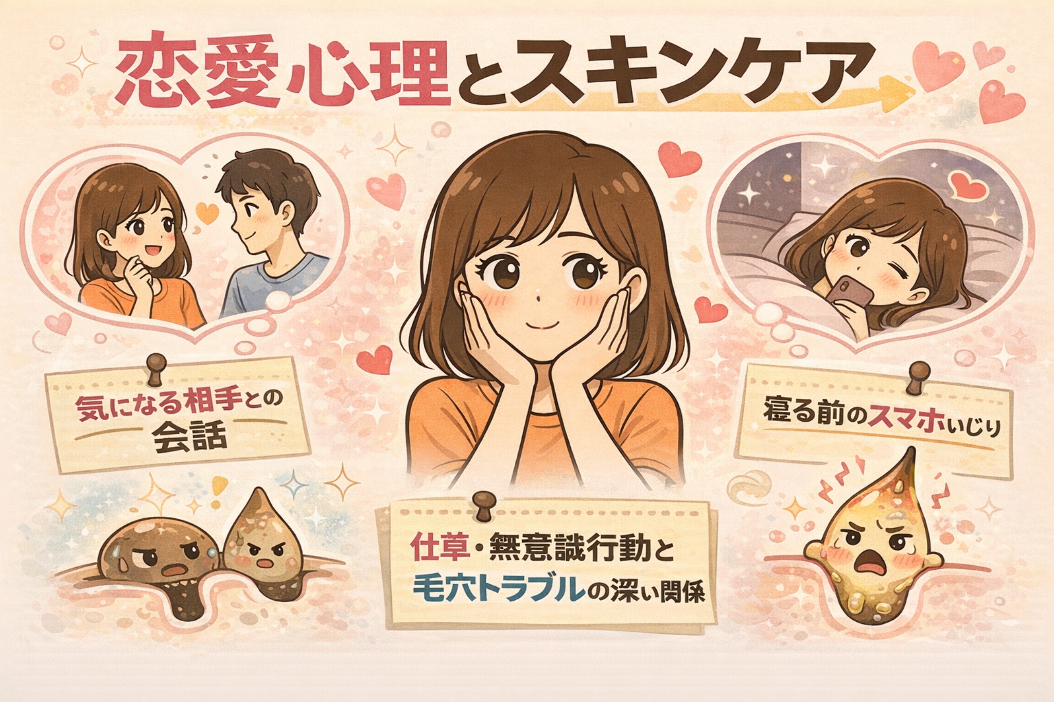 恋愛心理とスキンケアの関係を描いたイラスト。中央で頬に手を当てて考えごとをする女性の周囲に、気になる相手との会話、寝る前のスマホ操作、無意識の行動と毛穴トラブルの関係を象徴するシーンが配置され、角栓キャラクターが感情的に描かれている。