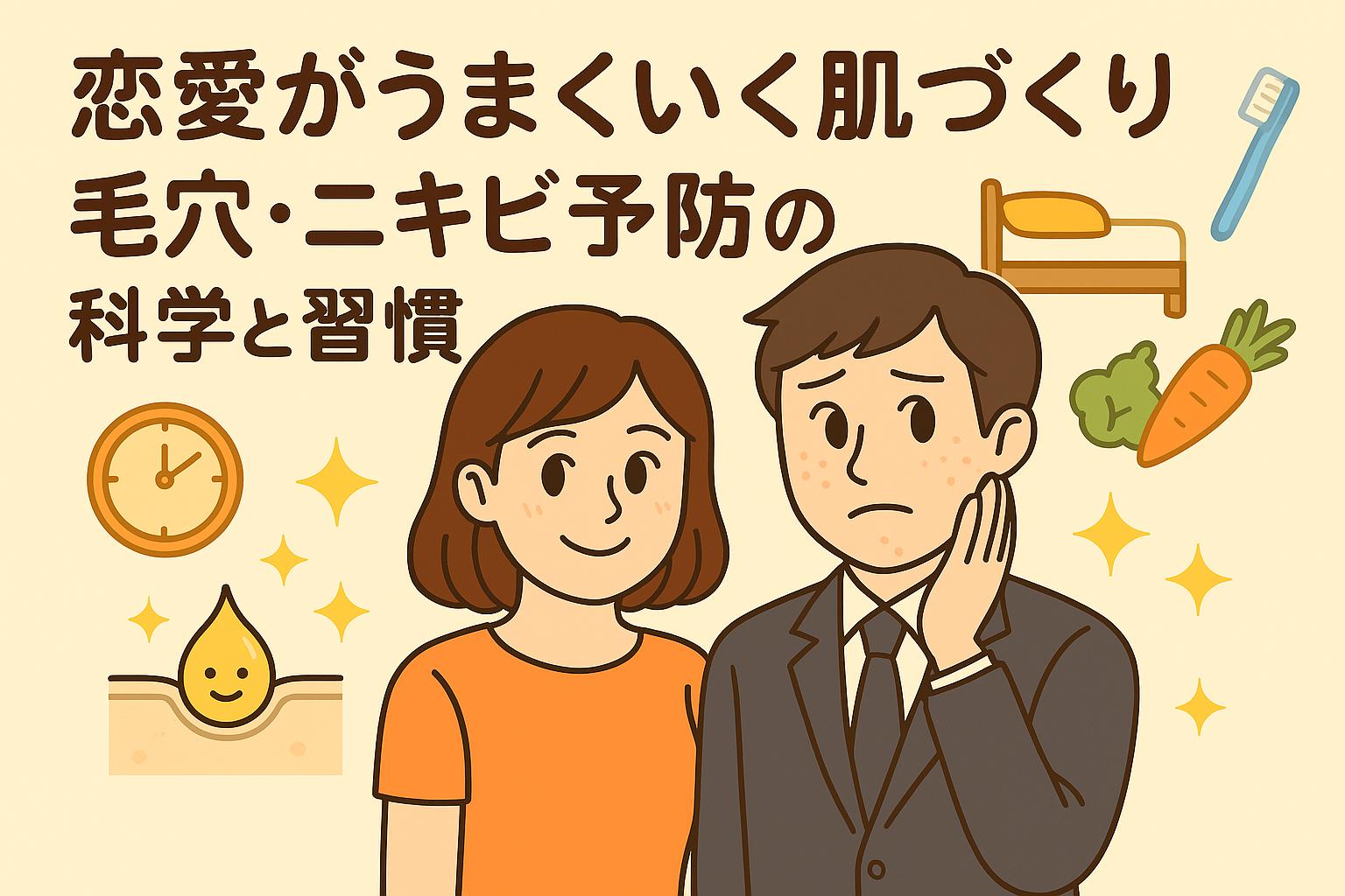 男女が並んで立つイラスト。背景には時計・ベッド・歯ブラシ・野菜など生活習慣を象徴するアイコンが描かれ、清潔感と肌ケアの重要性を表現。「恋愛がうまくいく肌づくり──毛穴・ニキビ予防の科学と習慣」という日本語タイトル入りのアイキャッチ。