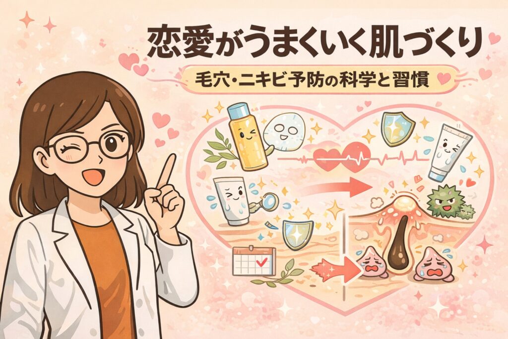 恋愛がうまくいく肌づくりをテーマに、毛穴・ニキビ予防の科学と習慣を解説するイラスト。スキンケアアイテムや生活習慣の積み重ねが肌状態を整え、ニキビや毛穴トラブルを防ぐ流れを、ハートモチーフと白衣の女性解説キャラクターがやさしく示している。