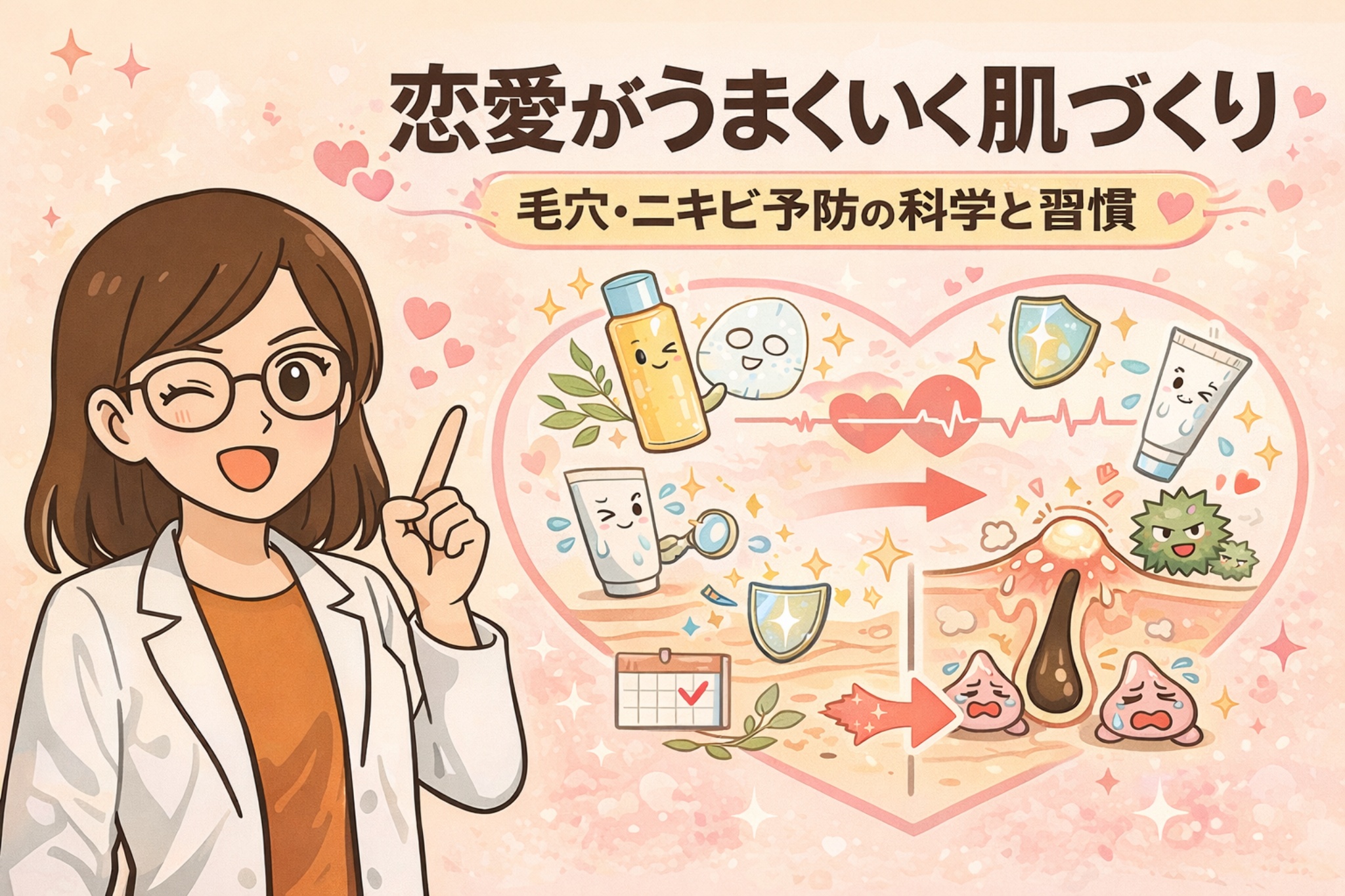恋愛がうまくいく肌づくりをテーマに、毛穴・ニキビ予防の科学と習慣を解説するイラスト。スキンケアアイテムや生活習慣の積み重ねが肌状態を整え、ニキビや毛穴トラブルを防ぐ流れを、ハートモチーフと白衣の女性解説キャラクターがやさしく示している。