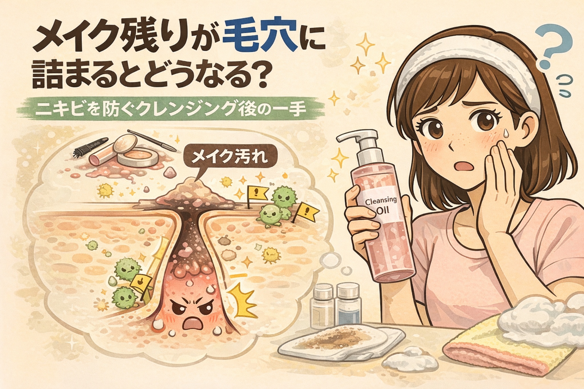 メイク残りが毛穴に詰まるとどうなるかを解説する図解イラスト。クレンジング不足によってメイク汚れが毛穴内部に残り、炎症やニキビにつながる構造を、毛穴断面図と悩む女性のイラストで表現している。