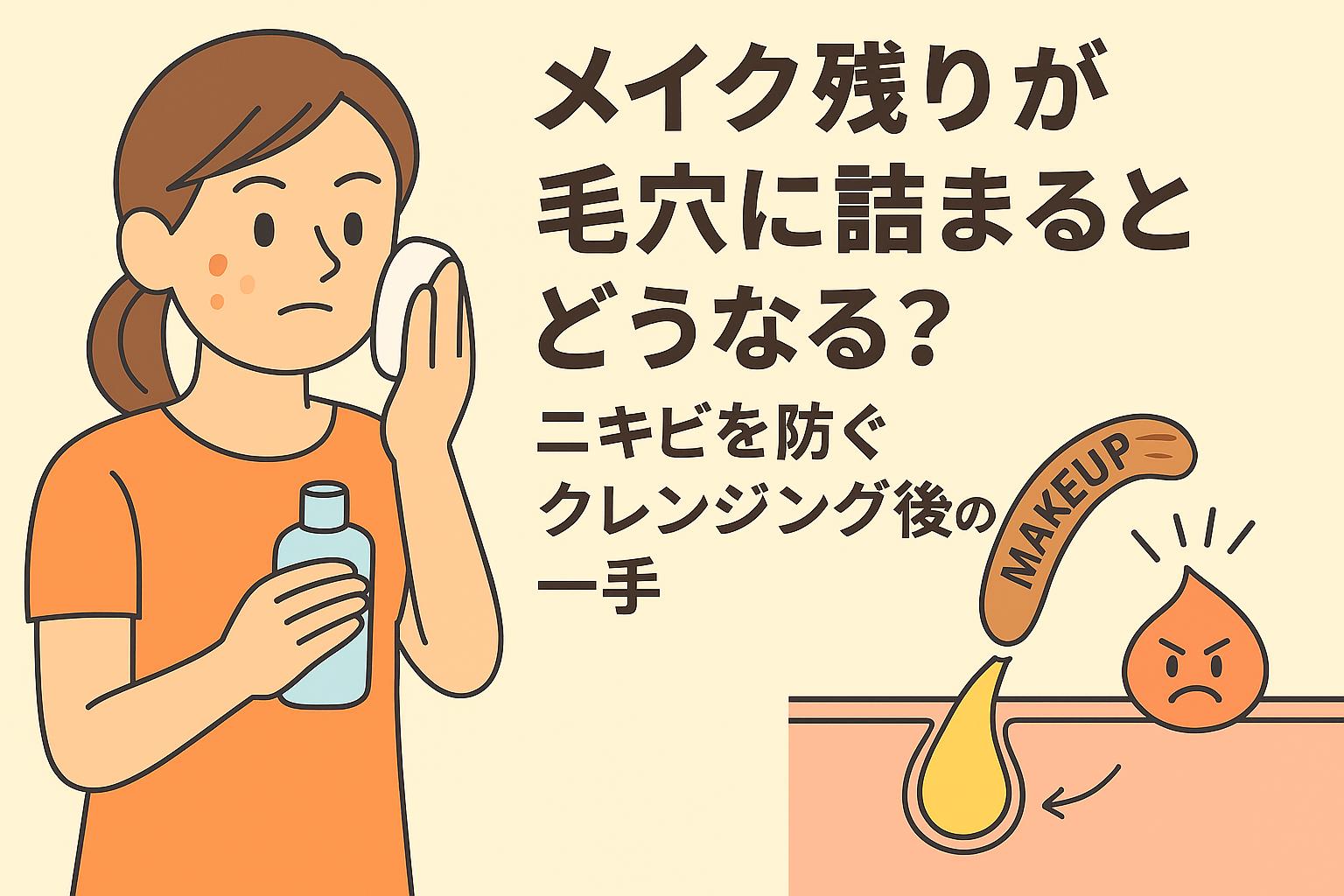 メイク残りが毛穴に詰まる過程を描いた教育的イラスト。女性がクレンジング後に肌を拭き取り、メイクが毛穴に残ると炎症やニキビに発展する様子を断面図で表現している。