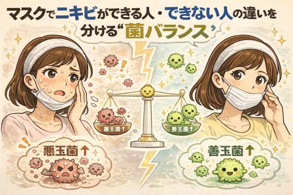 マスクでニキビができる人とできない人の違いを菌バランスの視点で解説する図解イラスト。悪玉菌が増える状態と善玉菌が保たれている状態を天秤で比較し、マスク着用時の肌環境の違いを表現している。