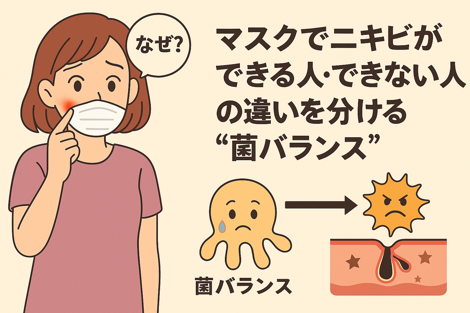マスクをつけた女性が頬のニキビを気にしているイラスト。右側には「マスクでニキビができる人・できない人の違いを分ける“菌バランス”」と書かれ、善玉菌と悪玉菌のキャラクターを対比させ、肌環境の違いをわかりやすく表現している。