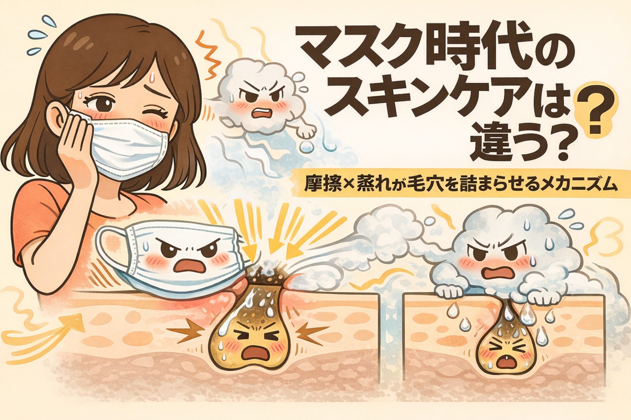 マスク着用時の摩擦と蒸れによって毛穴が詰まりやすくなる仕組みを、女性のイラストと毛穴断面図で解説した図。マスク内の湿気、皮脂の滞留、摩擦刺激が重なり、ニキビや肌荒れが起こるメカニズムを示している。