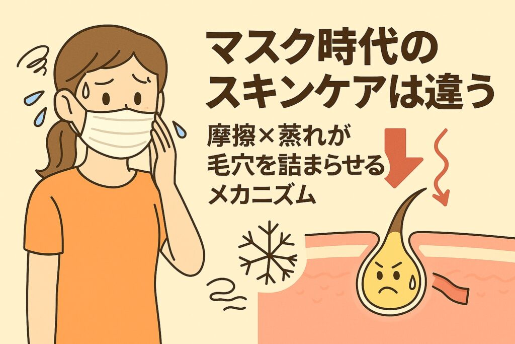 マスク時代のスキンケアをテーマにしたイラスト。オレンジの服を着た女性がマスクをつけて汗をかき、不快そうな表情をしている。右側には「マスク時代のスキンケアは違う 摩擦×蒸れが毛穴を詰まらせるメカニズム」というテキストと、毛穴の中で詰まりを起こす皮脂キャラクター、赤い矢印、雪の結晶が描かれている。