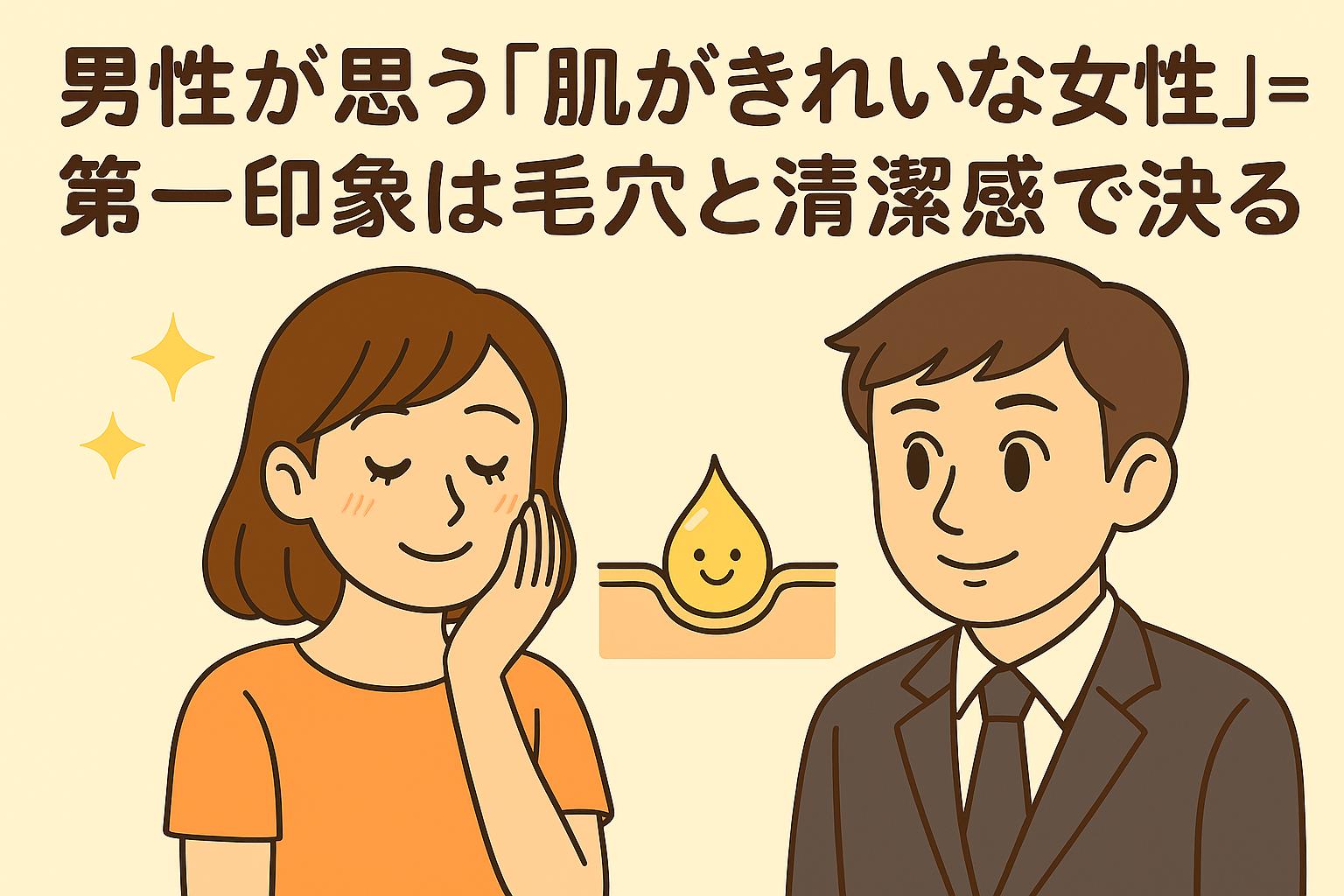 スーツ姿の男性が女性を見て微笑むシーン。女性は頬に手を当て清潔感のある肌で笑顔を見せている。中央に毛穴キャラと清潔感を示す光のエフェクト。「男性が思う『肌がきれいな女性』＝第一印象は毛穴と清潔感で決まる」という日本語タイトル入りのアイキャッチ。