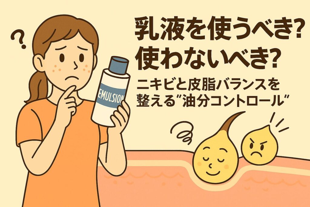 乳液を使うべきか悩む女性がボトルを手に考え込む姿。毛穴断面では皮脂と水分のキャラクターがバランスを取っており、油分コントロールの大切さを表現した日本の2Dアニメ風イラスト。