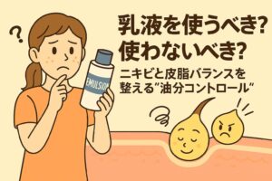 乳液を使うべきか悩む女性がボトルを手に考え込む姿。毛穴断面では皮脂と水分のキャラクターがバランスを取っており、油分コントロールの大切さを表現した日本の2Dアニメ風イラスト。