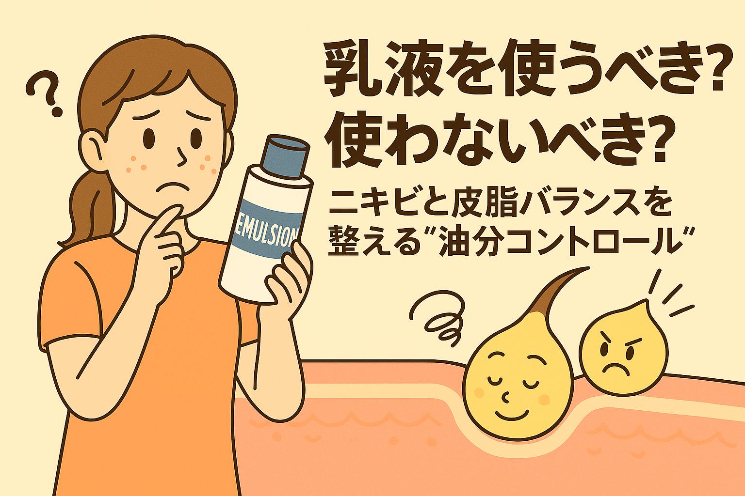 乳液を使うべきか悩む女性がボトルを手に考え込む姿。毛穴断面では皮脂と水分のキャラクターがバランスを取っており、油分コントロールの大切さを表現した日本の2Dアニメ風イラスト。