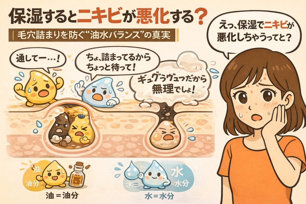 保湿するとニキビが悪化するのかを解説するイラスト。毛穴断面の中で油分と水分のキャラクターが詰まり合う様子を描き、油水バランスが崩れると毛穴詰まりが起こることを視覚的に説明している。右側にはニキビに悩む女性が描かれ、「保湿＝悪化」という誤解を問い直す構成になっている。