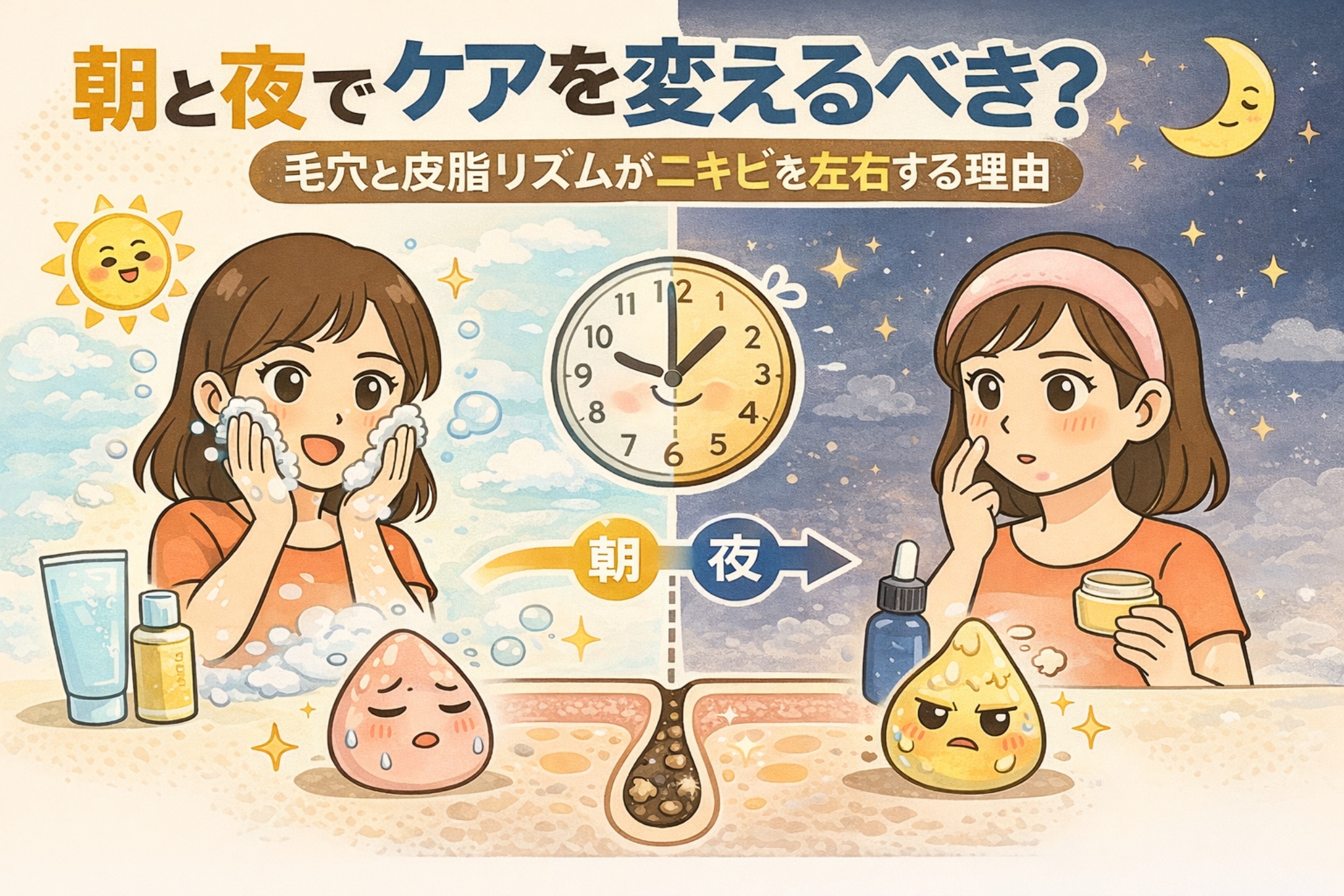朝と夜でスキンケアを変えるべき理由を、毛穴と皮脂リズムの違いから解説したイラスト。朝は皮脂分泌が活発で汚れを落とすケア、夜は皮脂の滞留や修復を意識したケアがニキビ予防に重要である構造を、時間帯別の毛穴断面図と人物で示している。