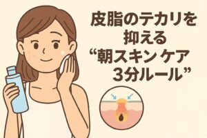 朝のスキンケアで皮脂のテカリを抑える方法をテーマにしたイラスト。女性が化粧水を持ちながら、コットンで頬を整えて笑顔を見せている。右下の毛穴断面図では、皮脂が落ち着き毛穴が引き締まる様子が矢印で示されている。テキストには「皮脂のテカリを抑える“朝スキンケア3分ルール”」と書かれている。