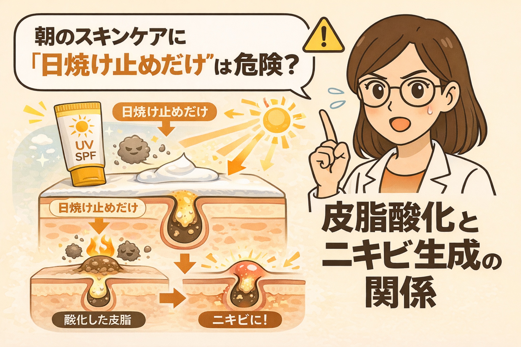 朝のスキンケアで日焼け止めだけを使うリスクを解説したイラスト。紫外線による皮脂の酸化が毛穴内で進み、ニキビができる仕組みを毛穴断面図で示し、白衣の女性が注意を促している。