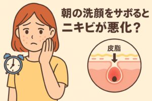 朝の洗顔をテーマにしたイラスト。赤ニキビがある女性が心配そうに頬を触っている。肩には目覚まし時計が乗っており、時間の朝を象徴している。右側には「皮脂」と書かれた矢印が毛穴に流れ込み詰まって炎症を起こしている断面図が描かれ、「朝の洗顔をサボるとニキビが悪化？」というテキストが表示されている。