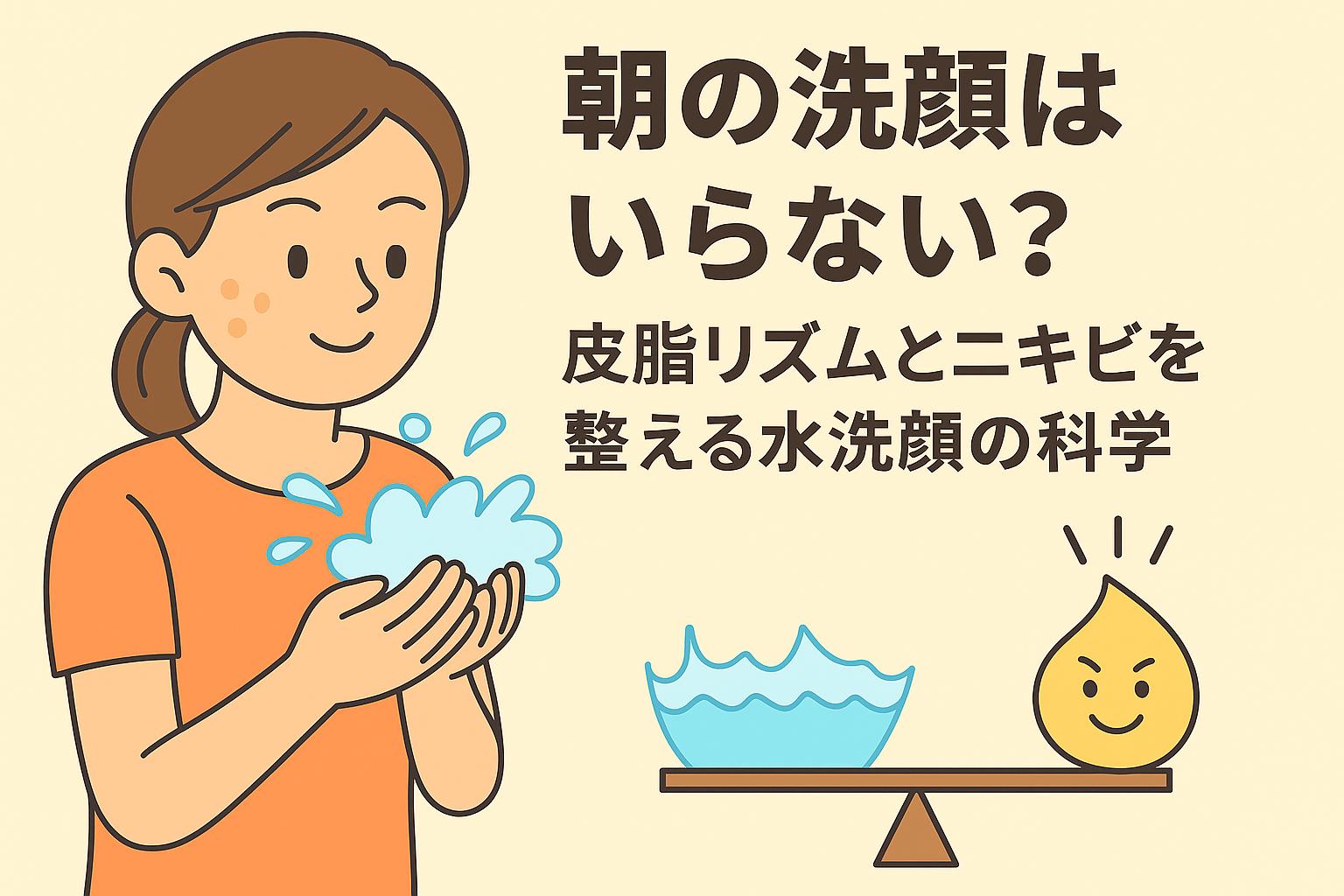 朝の水洗顔の科学をテーマにした教育的イラスト。女性が手で水をすくって洗顔する姿と、水と皮脂のバランスを天秤で表現し、ニキビを防ぐケアを示している。