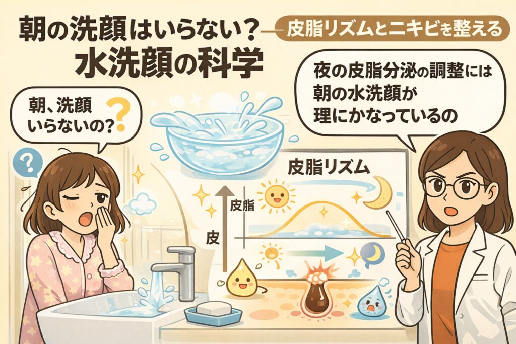 朝の洗顔は必要ないのかを、水洗顔と皮脂リズムの関係から解説した図解イラスト。夜の皮脂分泌サイクルと朝の水洗顔がニキビ予防に理にかなっている理由を、皮脂量の変化と毛穴断面図で分かりやすく示している。