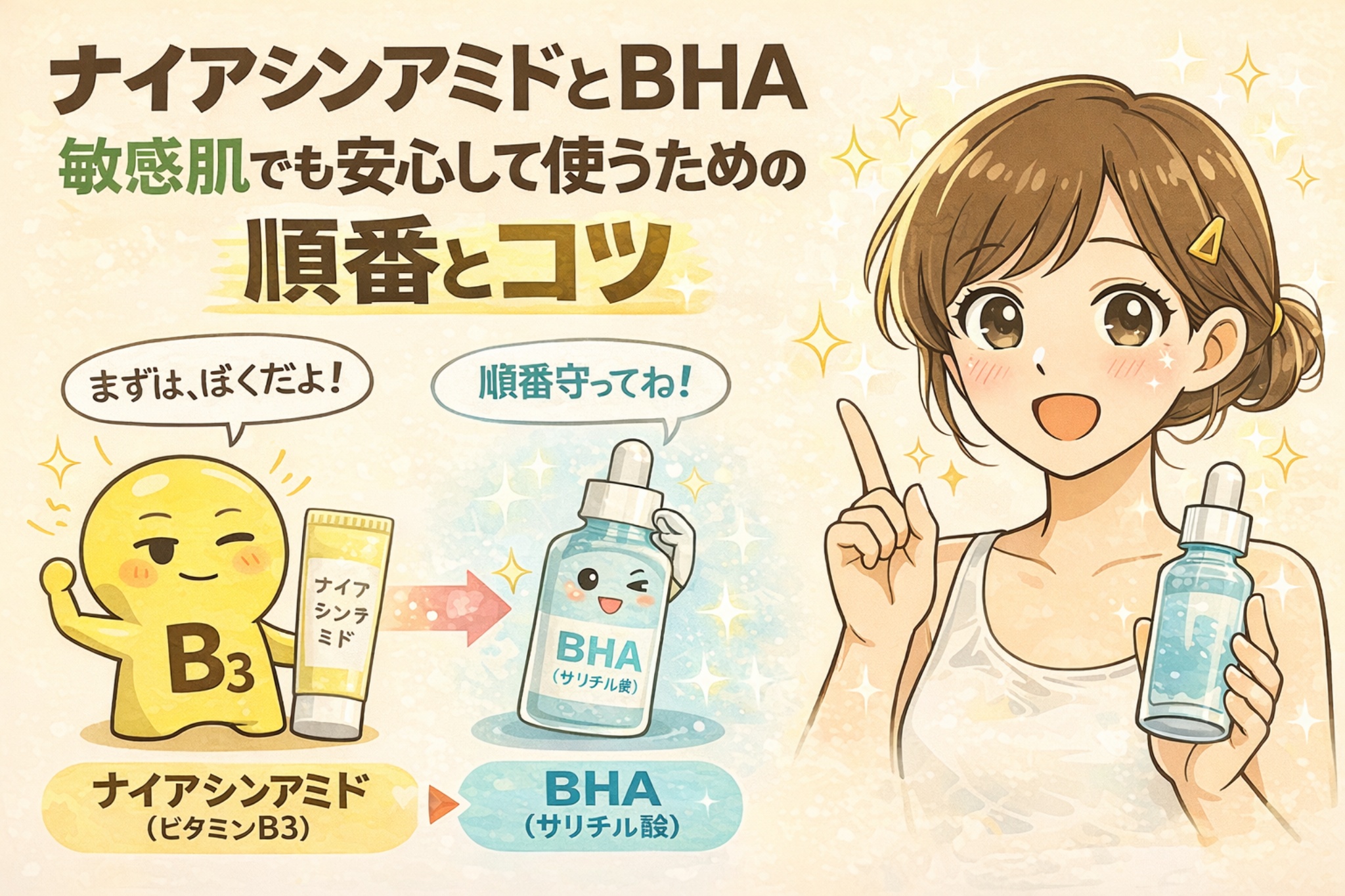 ナイアシンアミドとBHA（サリチル酸）を敏感肌でも安心して使うための「正しい順番」を解説したイラスト。まずナイアシンアミドで肌を整え、その後にBHAを使うことで刺激を抑えながら角質ケアを行う流れを、擬人化キャラクターとスキンケアアイテム、使用者の説明ポーズで分かりやすく示している。