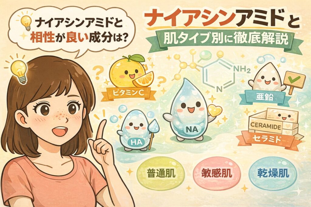 ナイアシンアミドと相性の良い成分を肌タイプ別に解説するイラスト。ビタミンC、ヒアルロン酸（HA）、ナイアシンアミド（NA）、セラミド、亜鉛などを擬人化キャラクターで表現し、普通肌・敏感肌・乾燥肌それぞれに適した組み合わせをわかりやすく整理している美容成分解説画像。