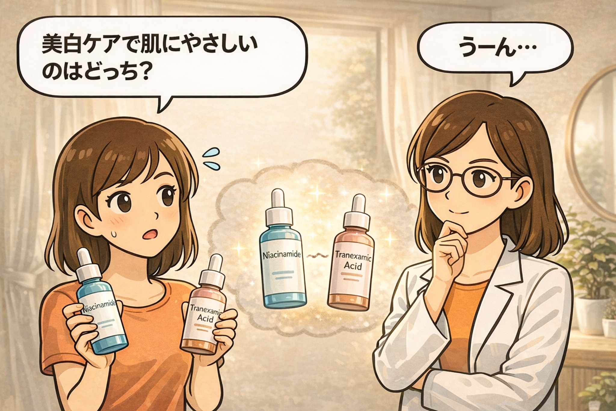 美白ケアで肌にやさしい成分はどちらかを比較するイラスト。ナイアシンアミドとトラネキサム酸の美容液を手に迷う女性と、白衣で眼鏡の女性が穏やかに考える構図。刺激感や作用の違いを踏まえ、敏感肌でも使いやすい美白成分選びをテーマにしたアイキャッチ。