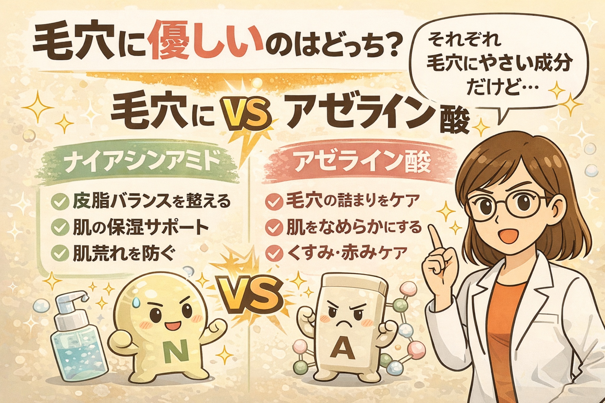 毛穴にやさしい成分としてナイアシンアミドとアゼライン酸を比較した図解イラスト。ナイアシンアミドは皮脂バランス調整・保湿・肌荒れ防止、アゼライン酸は毛穴詰まりケア・肌のなめらかさ・くすみや赤み対策に向いていることを、擬人化キャラクターと白衣の女性解説者が説明している