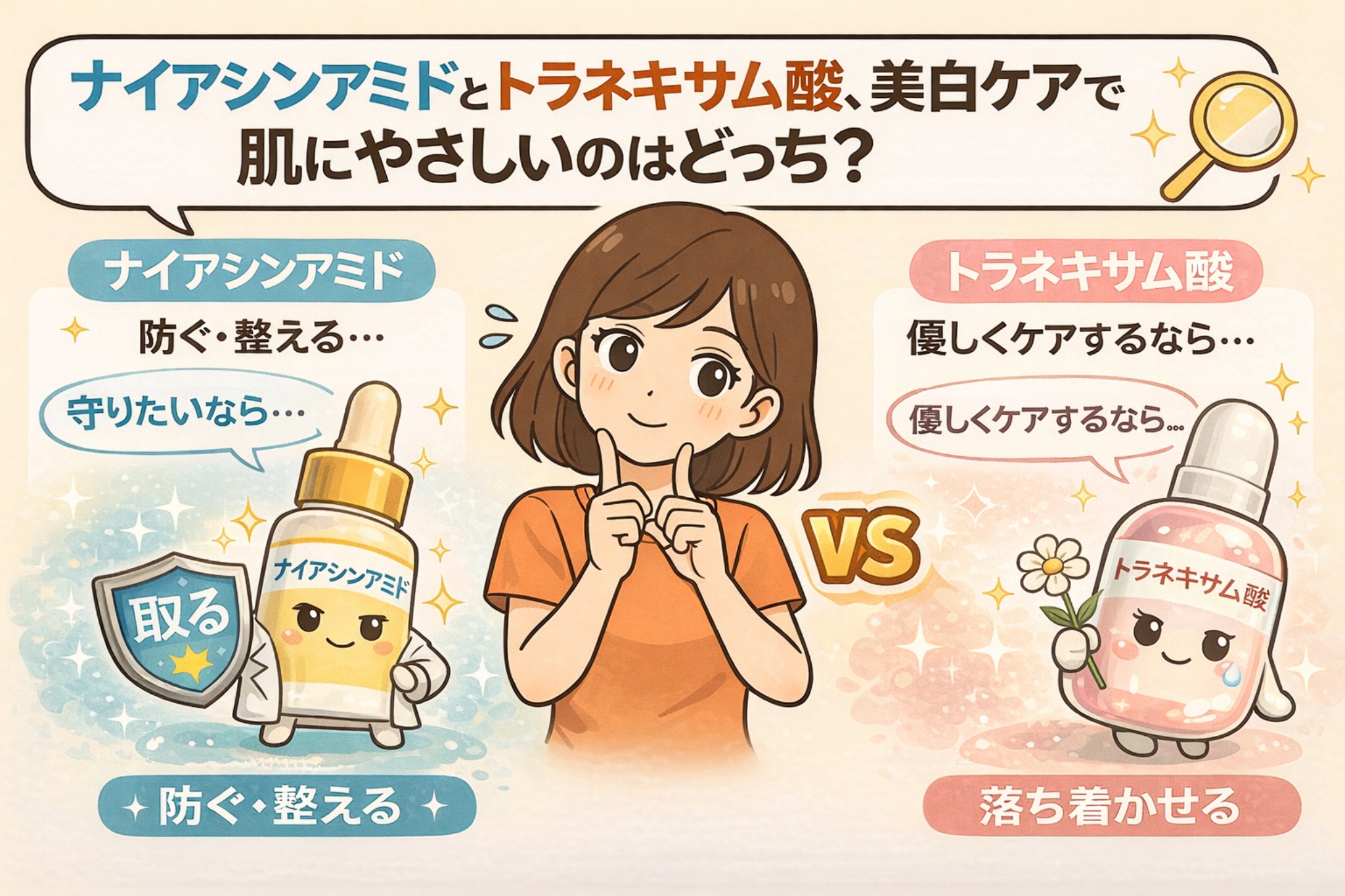 ナイアシンアミドとトラネキサム酸のどちらが美白ケアで肌にやさしいかを比較した図解イラスト。ナイアシンアミドは肌を守りながら防ぐ・整えるケア、トラネキサム酸は刺激を抑えて肌を落ち着かせるケアとして描かれ、敏感になりやすい肌向けの選び方を擬人化キャラクターとともに解説している