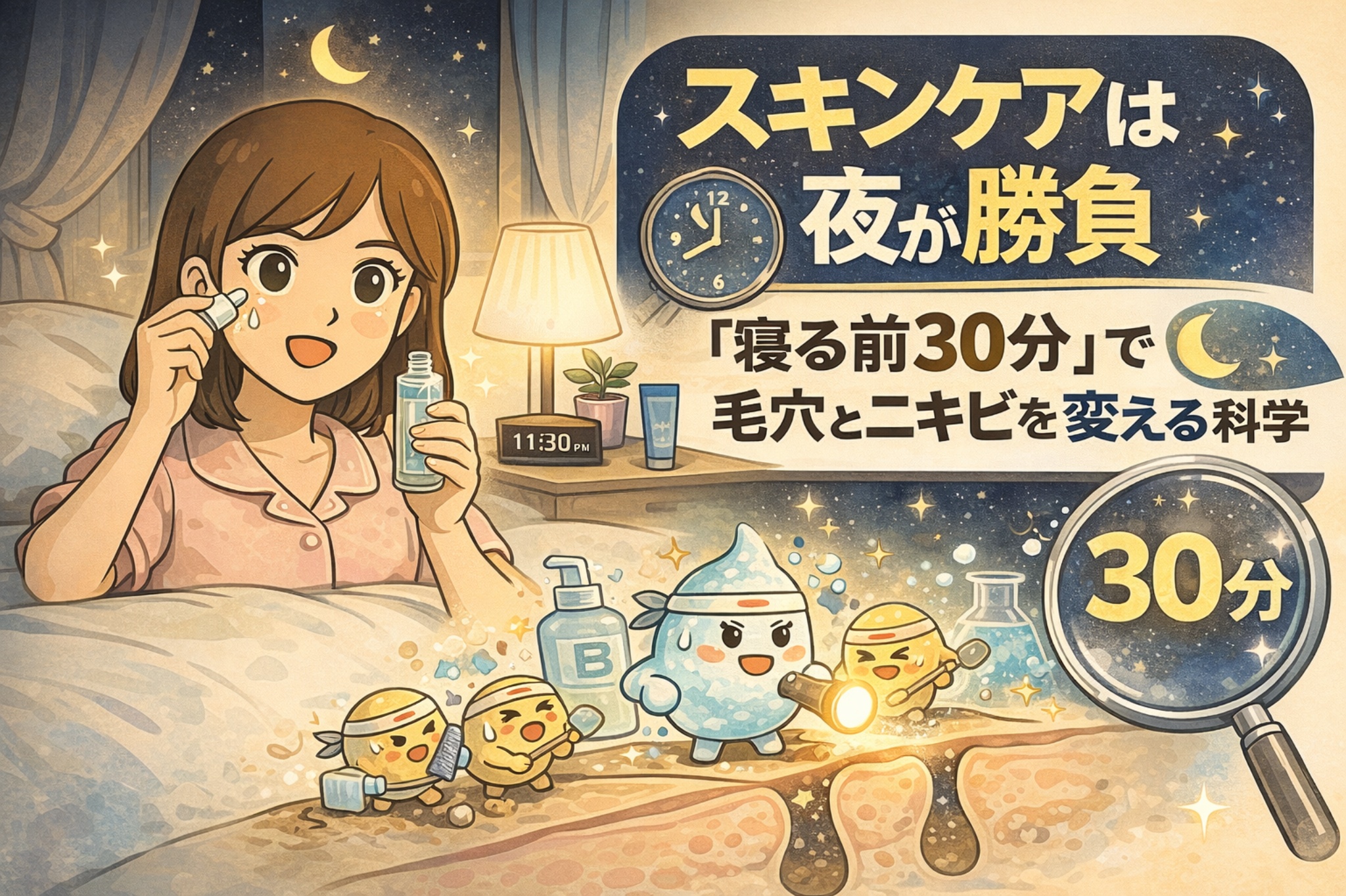 スキンケアは夜が重要で、「寝る前30分」のケアが毛穴とニキビに影響することを解説した日本風2Dフラットイラスト。就寝前に美容液を使う女性と、夜間に成分が働く様子を擬人化キャラクターと毛穴断面図で表現し、夜のスキンケアルーティンの科学的意味を分かりやすく示している。 必要であれば