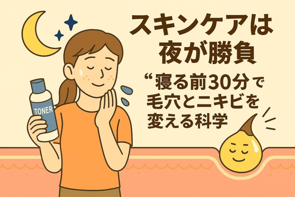 夜のスキンケアを行う女性が化粧水ボトルを手に、リラックスした表情で肌を整えている様子。背景には月と星が描かれ、寝る前30分のケアで毛穴とニキビを変える科学的アプローチを象徴する日本の2Dアニメ風イラスト。