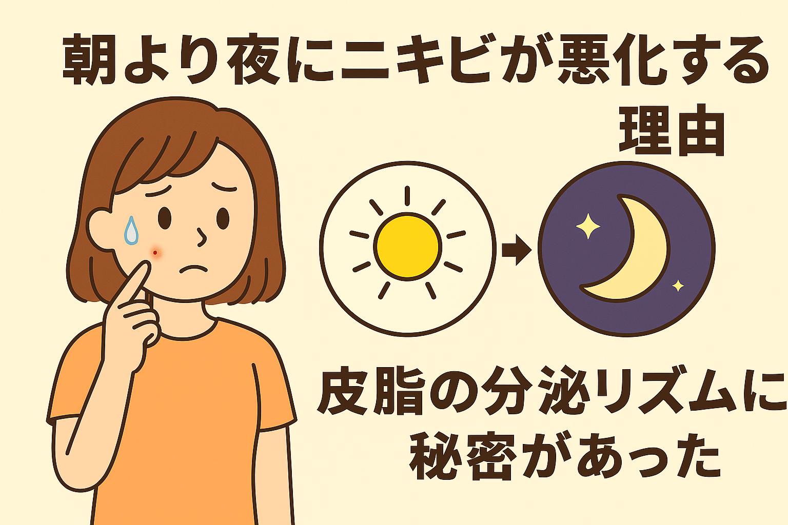 朝と夜でニキビの状態が変化する様子を示したイラスト。太陽と月のアイコンが並び、夜に皮脂分泌が増えるリズムを表現。頬のニキビを気にする女性が描かれている。