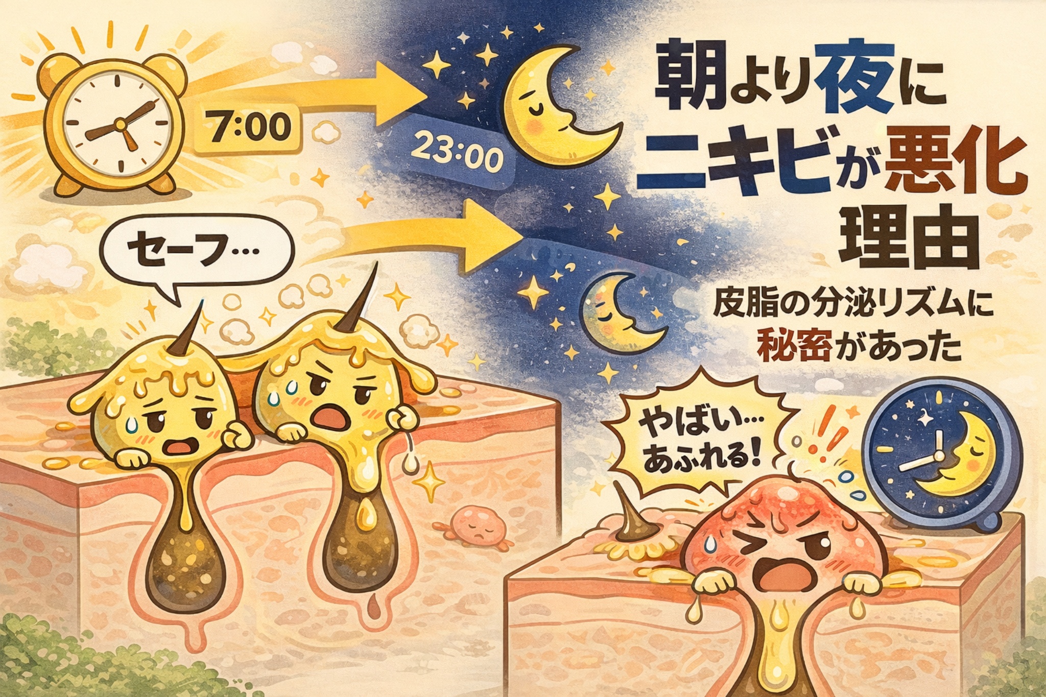 朝より夜にニキビが悪化しやすい理由を、皮脂分泌の時間リズムで解説したイラスト。日中は比較的安定している皮脂分泌が、夜間に増えて毛穴にたまりやすくなり、炎症やニキビにつながる様子を、時計と毛穴断面図でわかりやすく示している。