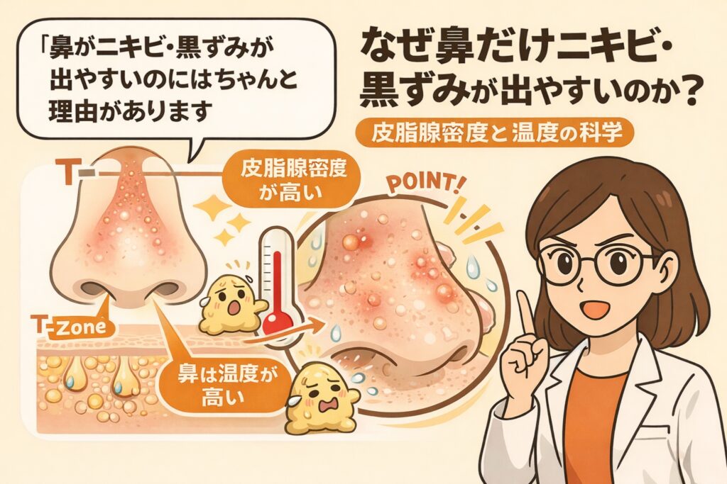 鼻だけニキビや黒ずみが出やすい理由を解説するイラスト。鼻は皮脂腺密度が高く温度も上がりやすいため、皮脂分泌が活発になり毛穴詰まりや炎症が起こりやすいことを、Tゾーン断面図と白衣の女性解説キャラクターが科学的に説明している。