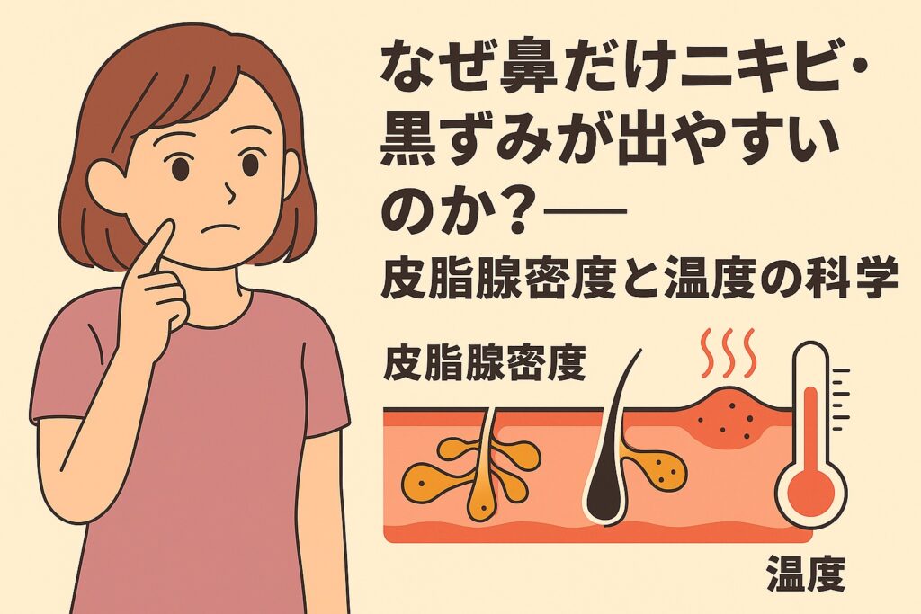 鼻の黒ずみを気にする女性のイラスト。右側には「なぜ鼻だけニキビ・黒ずみが出やすいのか?──皮脂腺密度と温度の科学」と書かれ、毛穴断面図で皮脂腺が密集している様子と、温度上昇により皮脂分泌が活発になる構造を矢印と温度計で表現している。