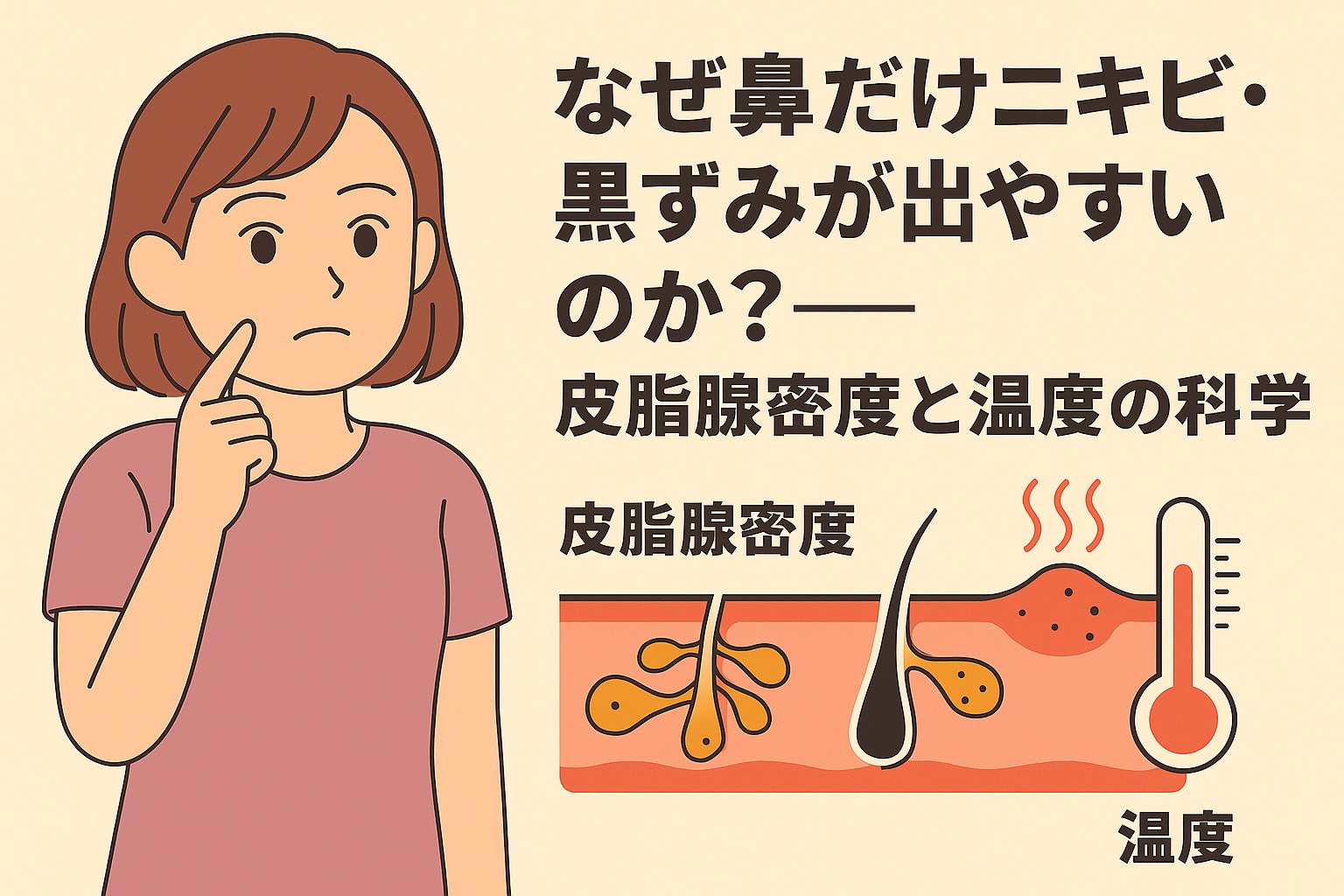 鼻の黒ずみを気にする女性のイラスト。右側には「なぜ鼻だけニキビ・黒ずみが出やすいのか？──皮脂腺密度と温度の科学」と書かれ、毛穴断面図で皮脂腺が密集している様子と、温度上昇により皮脂分泌が活発になる構造を矢印と温度計で表現している。