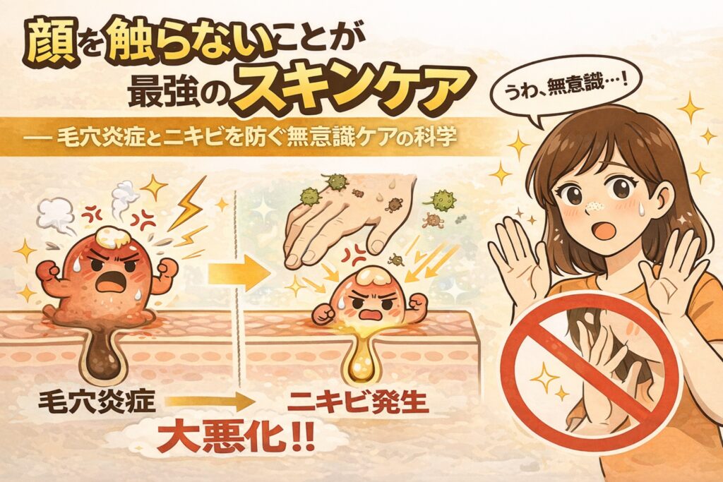 顔を触らないことが毛穴炎症やニキビを防ぐ最強のスキンケアである理由を解説した日本風2Dフラットイラスト。無意識に顔へ触れる手が毛穴炎症を悪化させニキビ発生につながる過程と、触らない行動を示す女性の姿を対比して描いている。