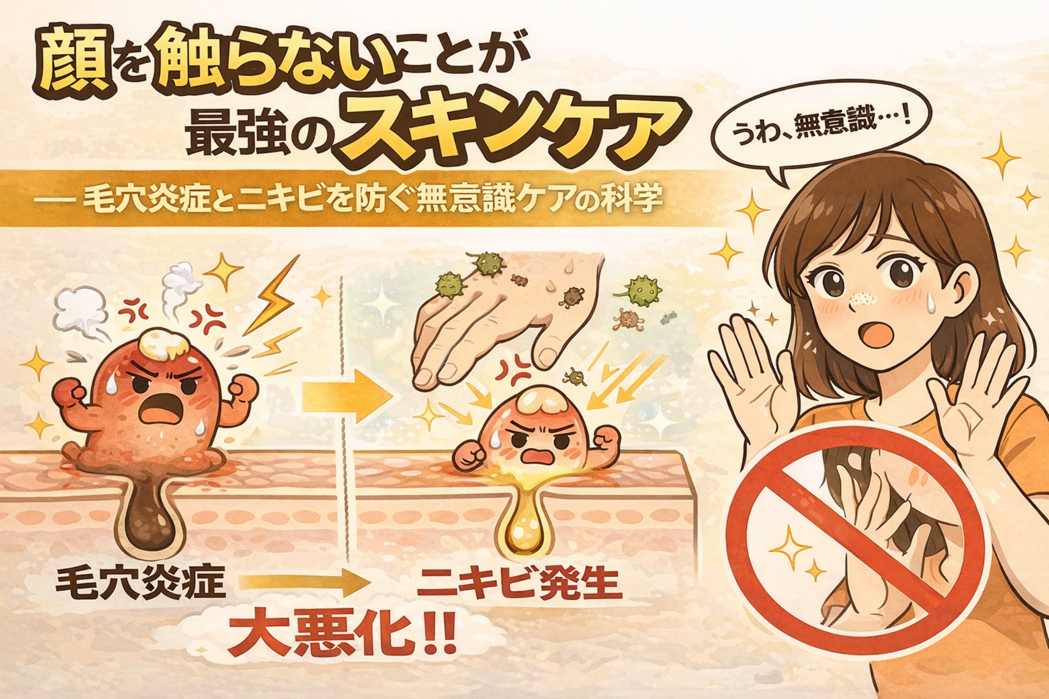 顔を触らないことが毛穴炎症やニキビを防ぐ最強のスキンケアである理由を解説した日本風2Dフラットイラスト。無意識に顔へ触れる手が毛穴炎症を悪化させニキビ発生につながる過程と、触らない行動を示す女性の姿を対比して描いている。