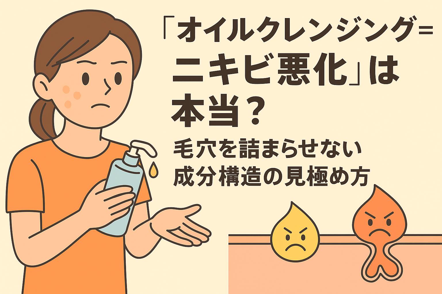 オイルクレンジングとニキビ悪化の関係を解説する教育的イラスト。女性がオイルクレンジングボトルを手に考え込む姿と、毛穴に残る油分と詰まりやすい構造を断面図で描いている。