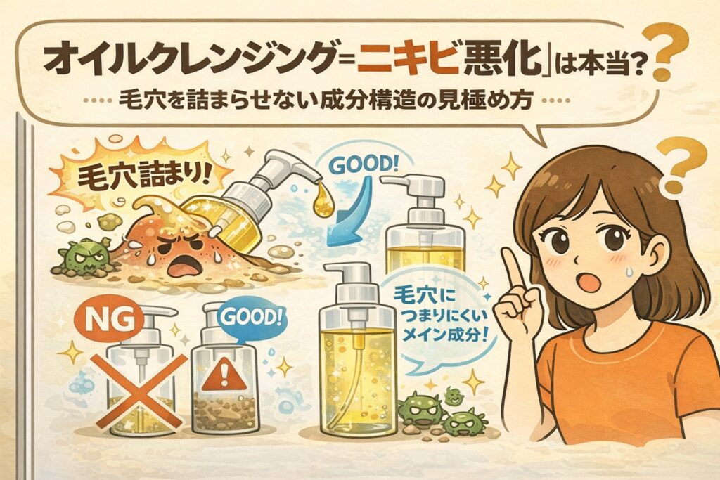オイルクレンジングはニキビを悪化させるのかという疑問を解説するイラスト。毛穴詰まりを起こすオイル成分（NG）と、毛穴に詰まりにくい成分構造（GOOD）を比較し、ポンプ式クレンジングボトルと毛穴断面の図解で違いを表現。白衣を着た女性が成分構造の見極め方を指差しで説明している構図。