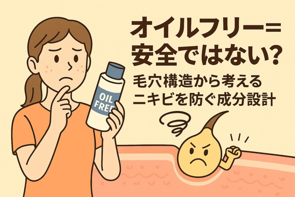 オイルフリー化粧品を手に不安そうな表情を浮かべる女性と、毛穴内で怒った表情の皮脂キャラクターが描かれている。オイルフリーが必ずしも安全ではないことを示し、毛穴構造と成分設計の重要性を伝える日本の2Dアニメ風イラスト。