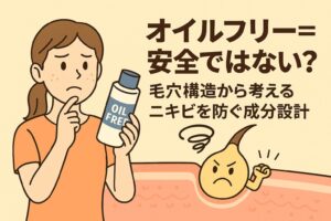 オイルフリー化粧品を手に不安そうな表情を浮かべる女性と、毛穴内で怒った表情の皮脂キャラクターが描かれている。オイルフリーが必ずしも安全ではないことを示し、毛穴構造と成分設計の重要性を伝える日本の2Dアニメ風イラスト。