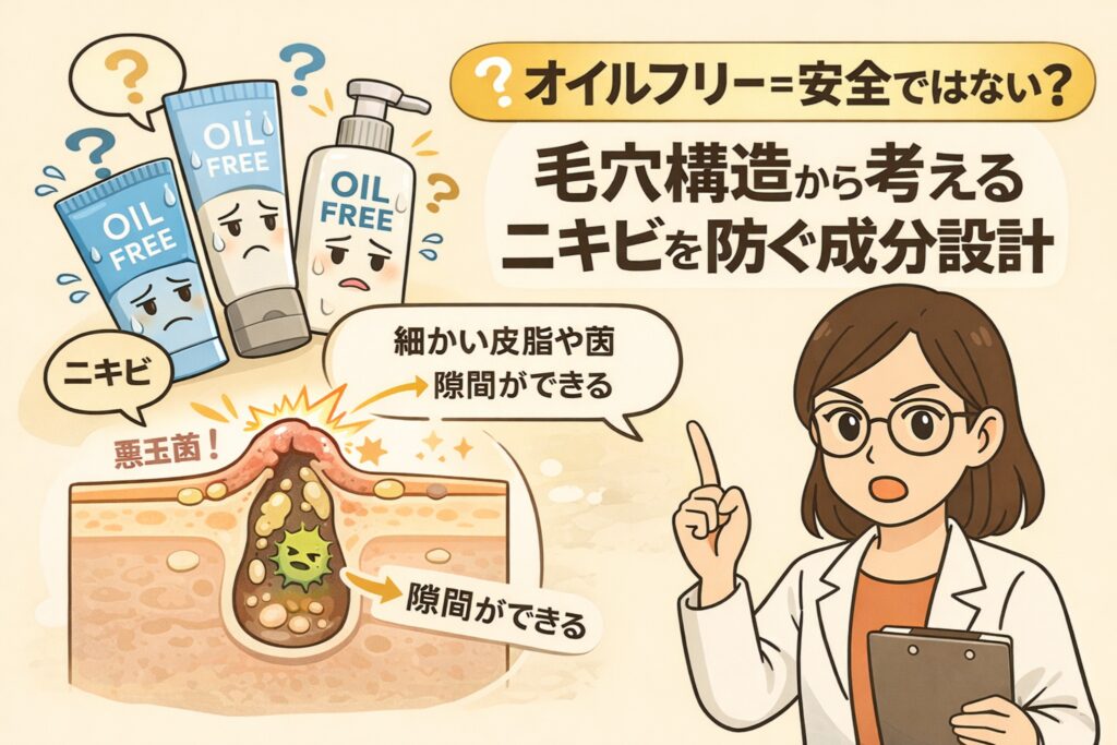 「オイルフリー＝安全ではない？」という疑問を毛穴構造から解説するイラスト。オイルフリー製品が皮脂や菌の侵入を完全に防げない構造を、毛穴断面図と擬人化された悪玉菌・ニキビで示し、白衣を着た女性が成分設計の視点から説明している。