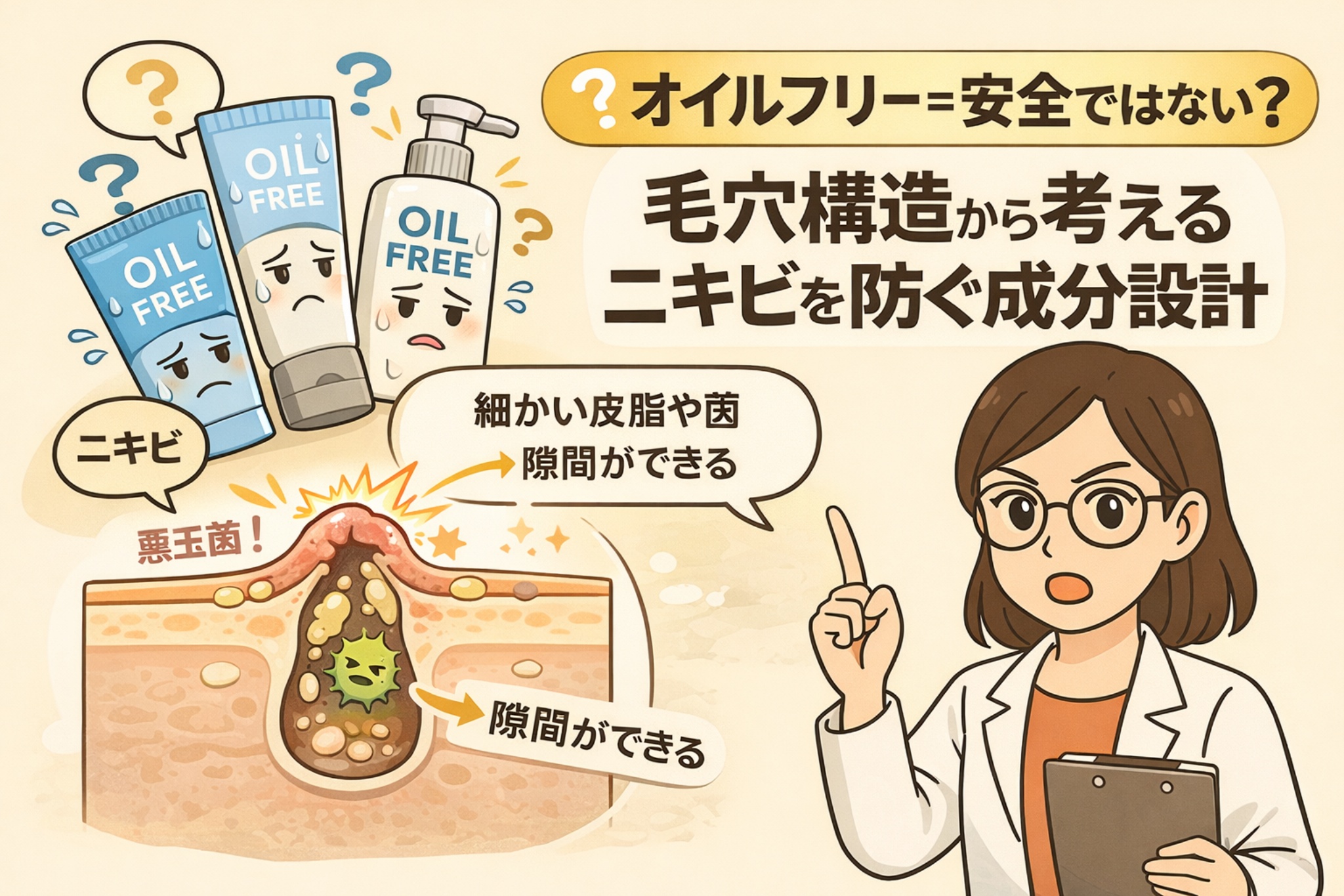 「オイルフリー＝安全ではない？」という疑問を毛穴構造から解説するイラスト。オイルフリー製品が皮脂や菌の侵入を完全に防げない構造を、毛穴断面図と擬人化された悪玉菌・ニキビで示し、白衣を着た女性が成分設計の視点から説明している。