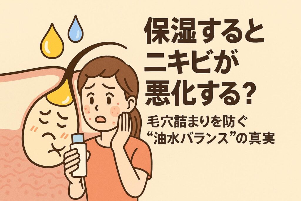 保湿によってニキビが悪化するのではと悩む女性が、スキンケアボトルを手にしながら皮脂と水分のバランスを象徴する油滴と水滴を見上げる様子。毛穴の中でしょんぼりした皮脂キャラクターが描かれ、油水バランスの重要性をやさしく伝える日本の2Dアニメ風イラスト。