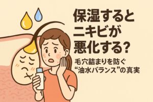 保湿によってニキビが悪化するのではと悩む女性が、スキンケアボトルを手にしながら皮脂と水分のバランスを象徴する油滴と水滴を見上げる様子。毛穴の中でしょんぼりした皮脂キャラクターが描かれ、油水バランスの重要性をやさしく伝える日本の2Dアニメ風イラスト。