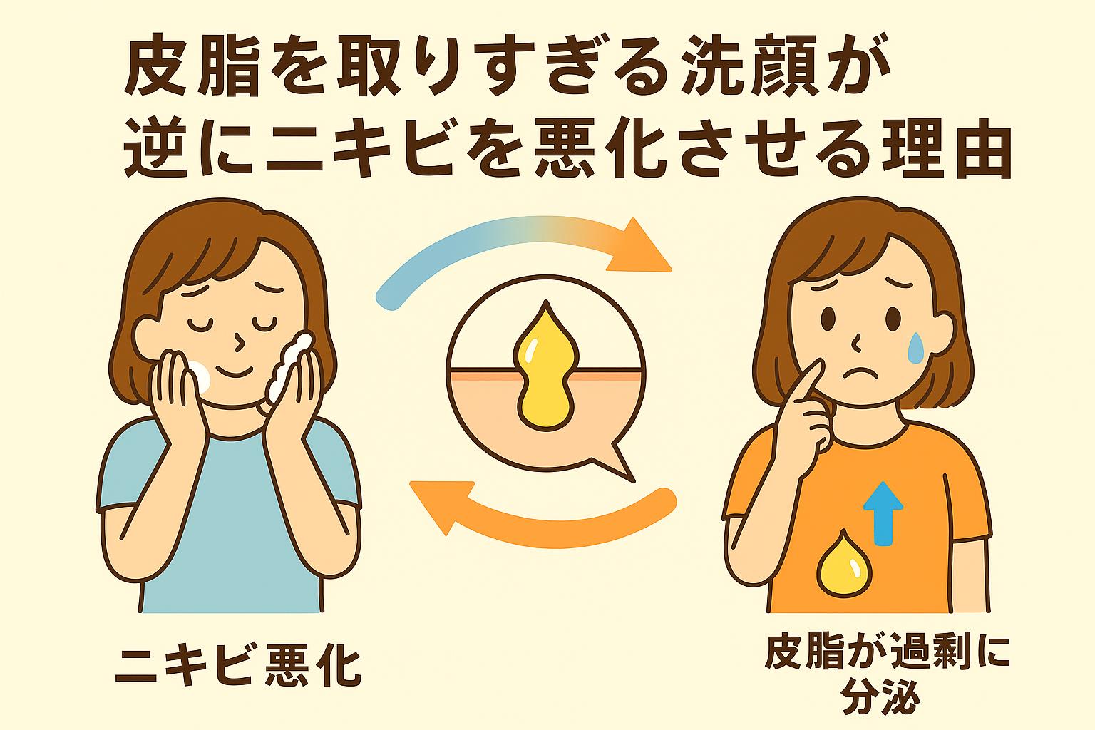 皮脂を取りすぎる洗顔が悪循環を生む様子を説明するイラスト。左は洗顔で皮脂を落としすぎる女性、右は皮脂過剰分泌でニキビに悩む女性。中央の矢印で乾燥と皮脂過剰のサイクルが示されている。