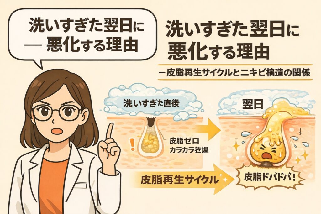 洗いすぎた翌日に肌状態が悪化する理由を解説したイラスト。洗顔直後は皮脂が過剰に失われて乾燥するが、その後の皮脂再生サイクルによって皮脂分泌が急増し、毛穴詰まりやニキビが起こりやすくなる流れを、時間経過と毛穴断面図で示している。