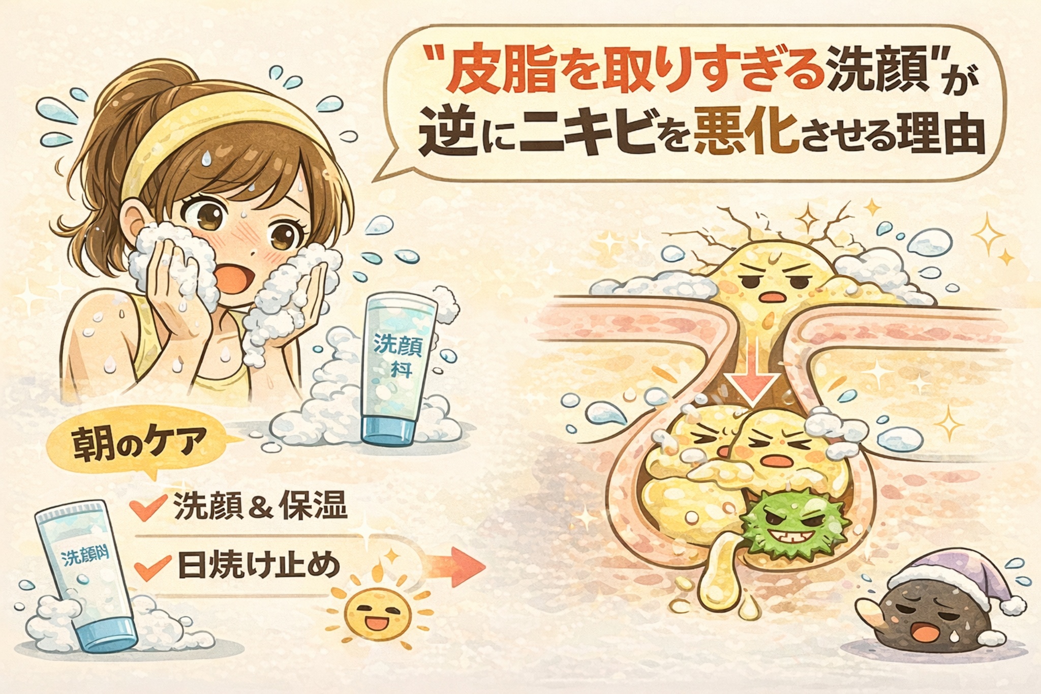 皮脂を取りすぎる洗顔が、かえってニキビを悪化させる理由を解説したイラスト。過剰な洗顔によって皮脂バリアが壊れ、防御反応として皮脂分泌が増え、毛穴内部で炎症や菌増殖が起こる流れを、洗顔中の女性と毛穴断面の図解で分かりやすく示している。